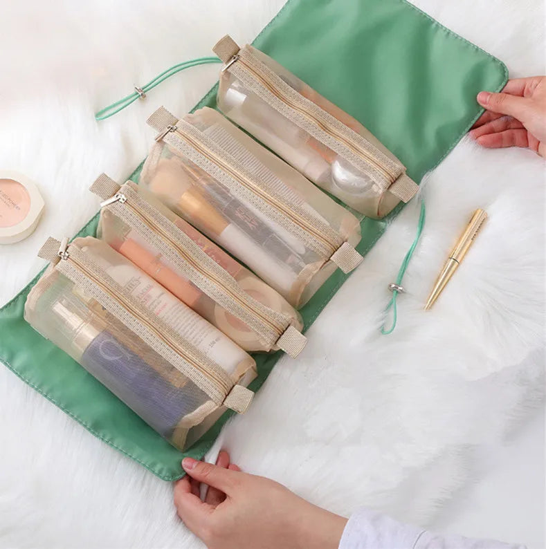 4 in 1 Cosmetic Bag For Women Zipper Mesh Separable Cosmetics Pouch Ladies Foldable Nylon Bag Rope Makeup Bag Kosmetyczka