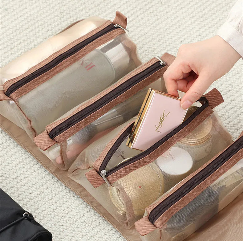 4 in 1 Cosmetic Bag For Women Zipper Mesh Separable Cosmetics Pouch Ladies Foldable Nylon Bag Rope Makeup Bag Kosmetyczka